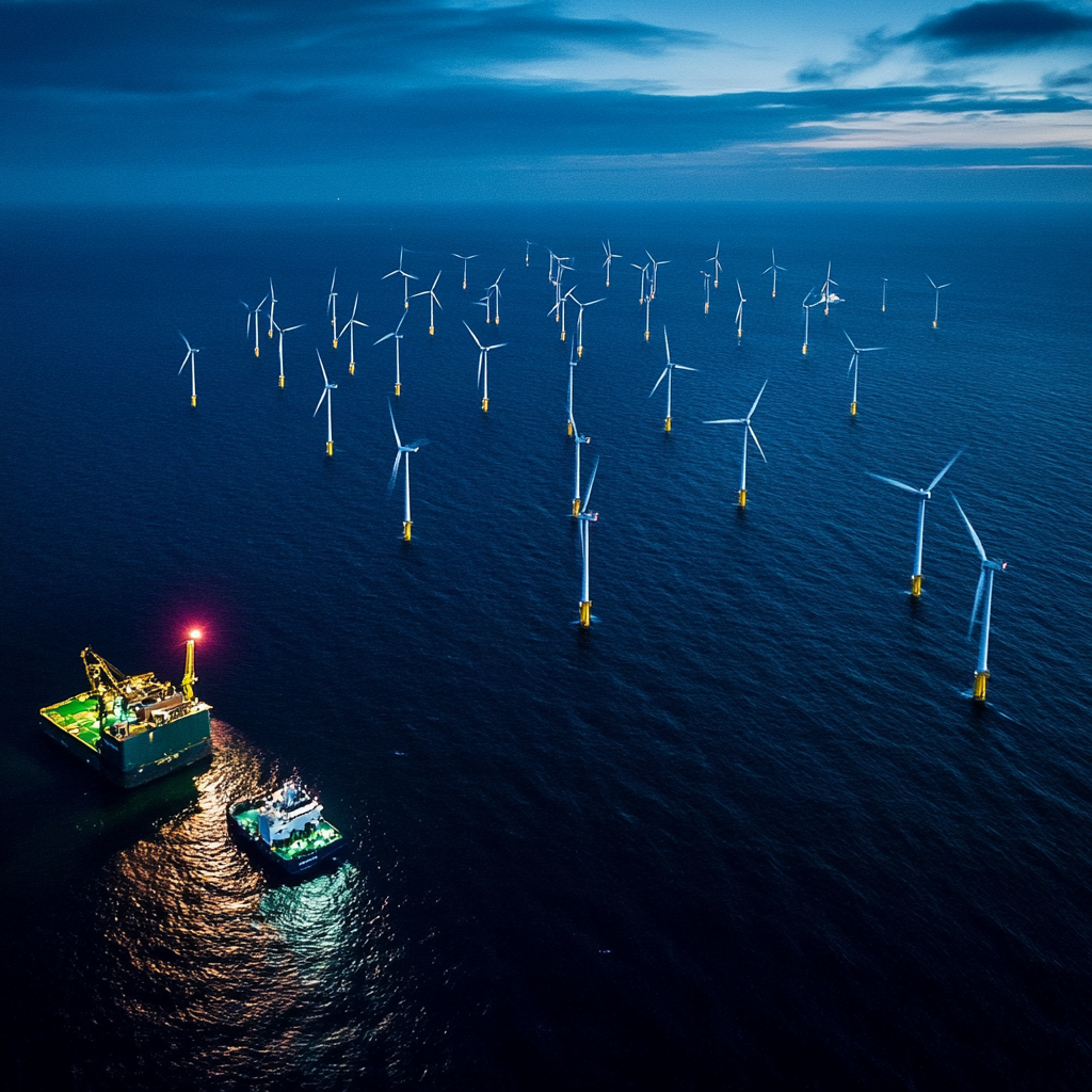 Offshore wind farm at night &mdash; physical infrastructure at real scale